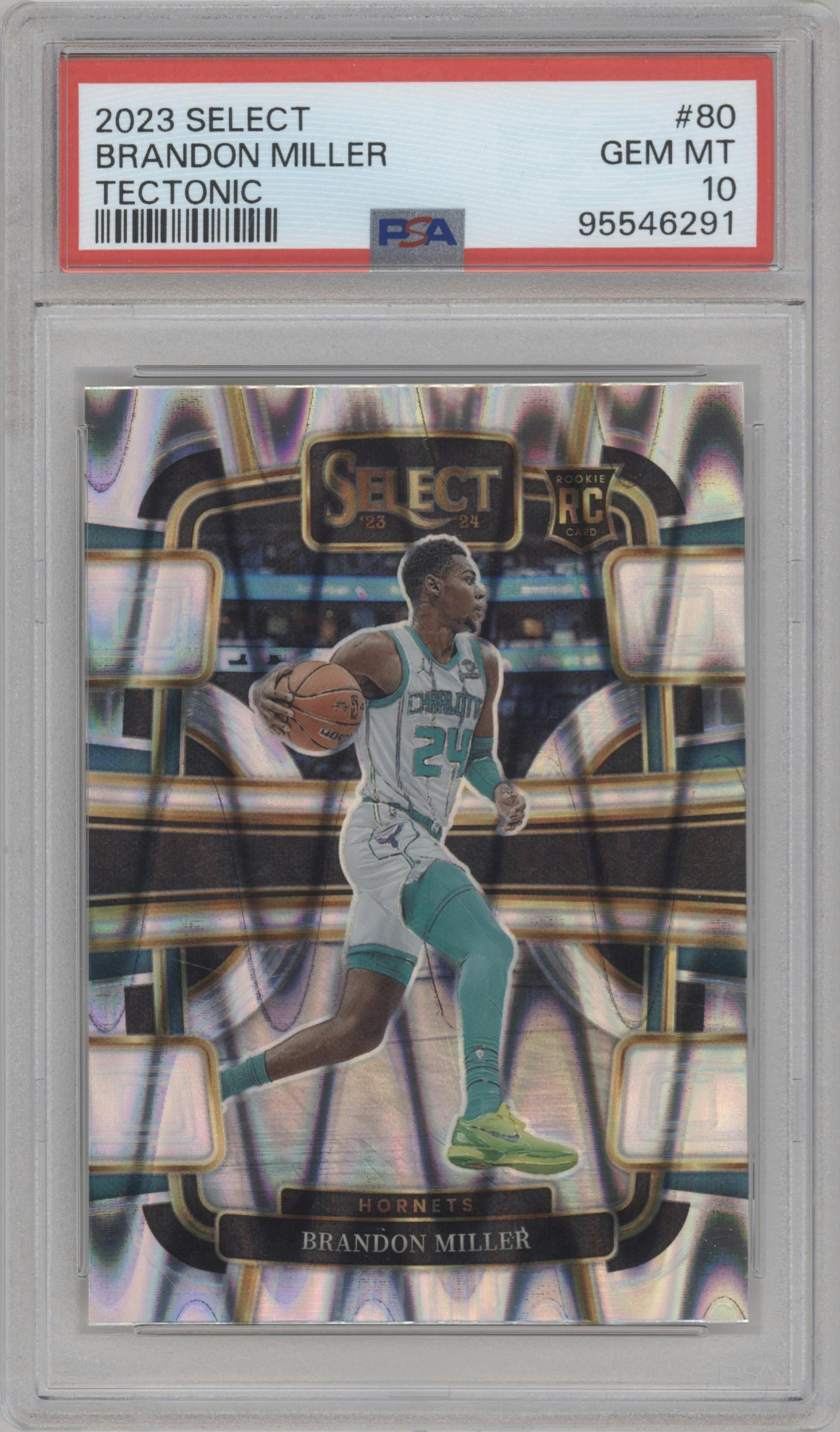 Brandon Miller from the 2023-24 Panini Select  set featuring a Tectonic parallel graded by PSA and given an overall grade of 10.