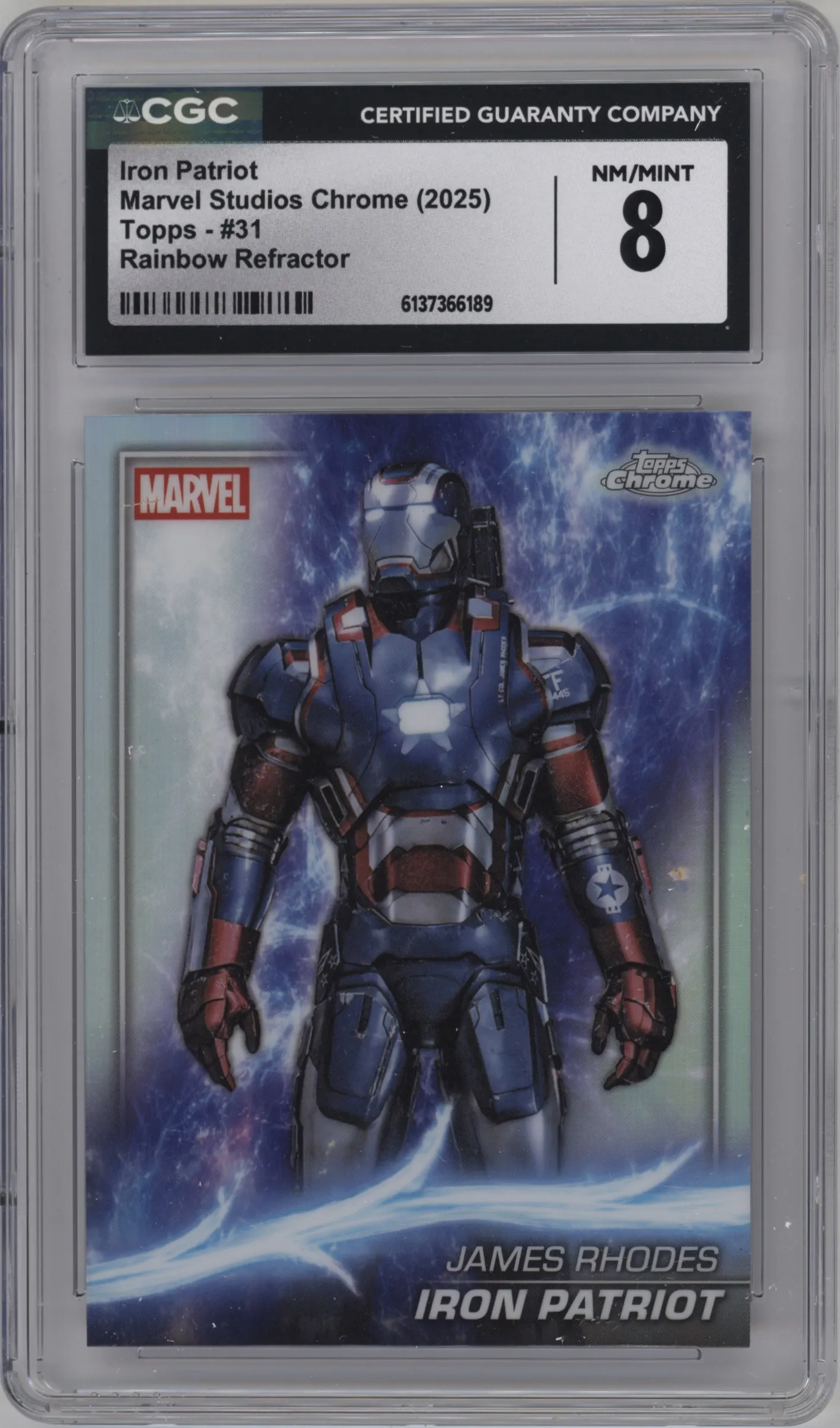 2025 Topps Chrome Marvel Studios Iron Patriot Rainbow Refractor #31 CGC 8