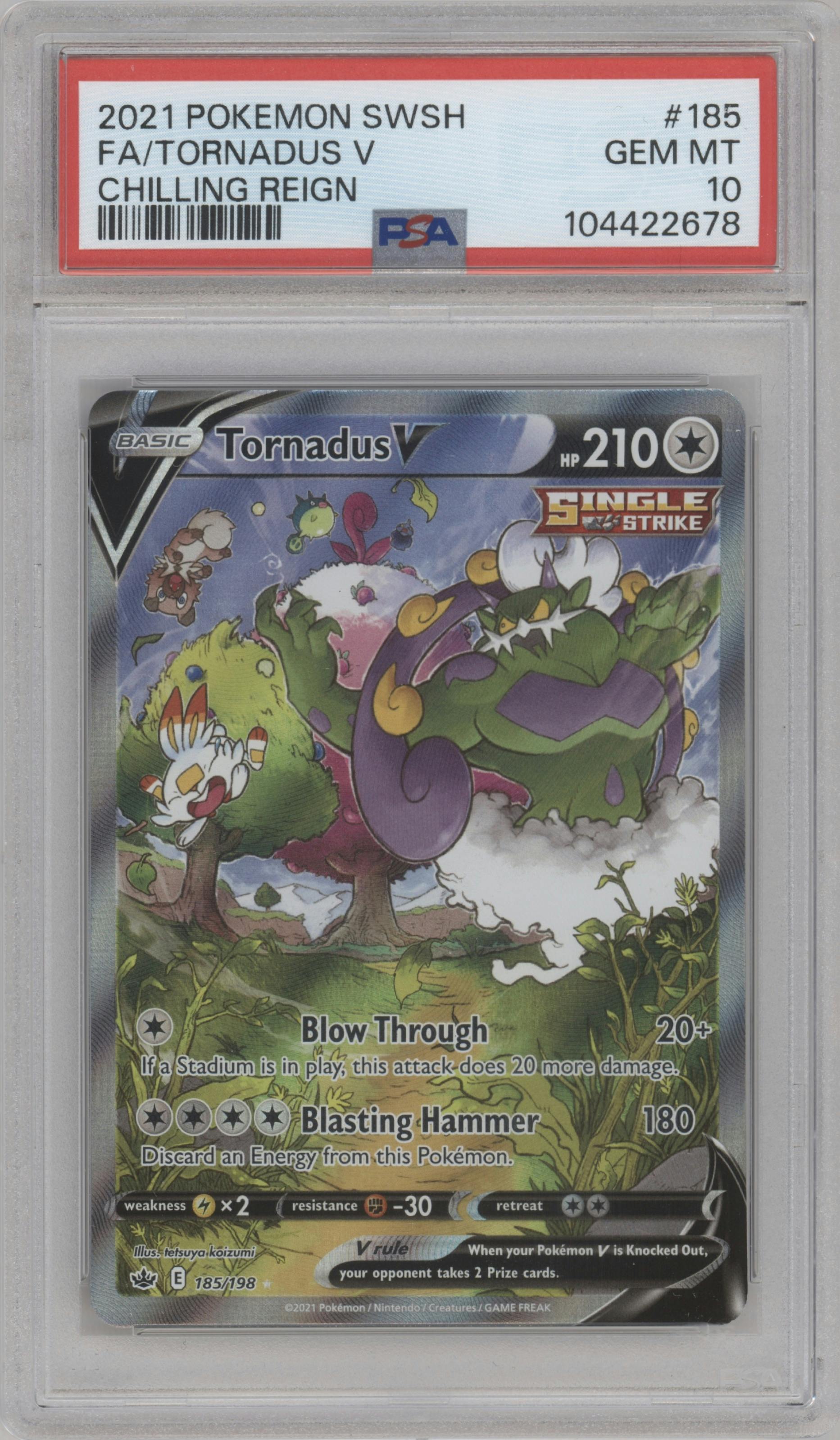 Tornadus V from the 2021 Pokemon SWSH set graded by PSA and given an overall grade of 10.
