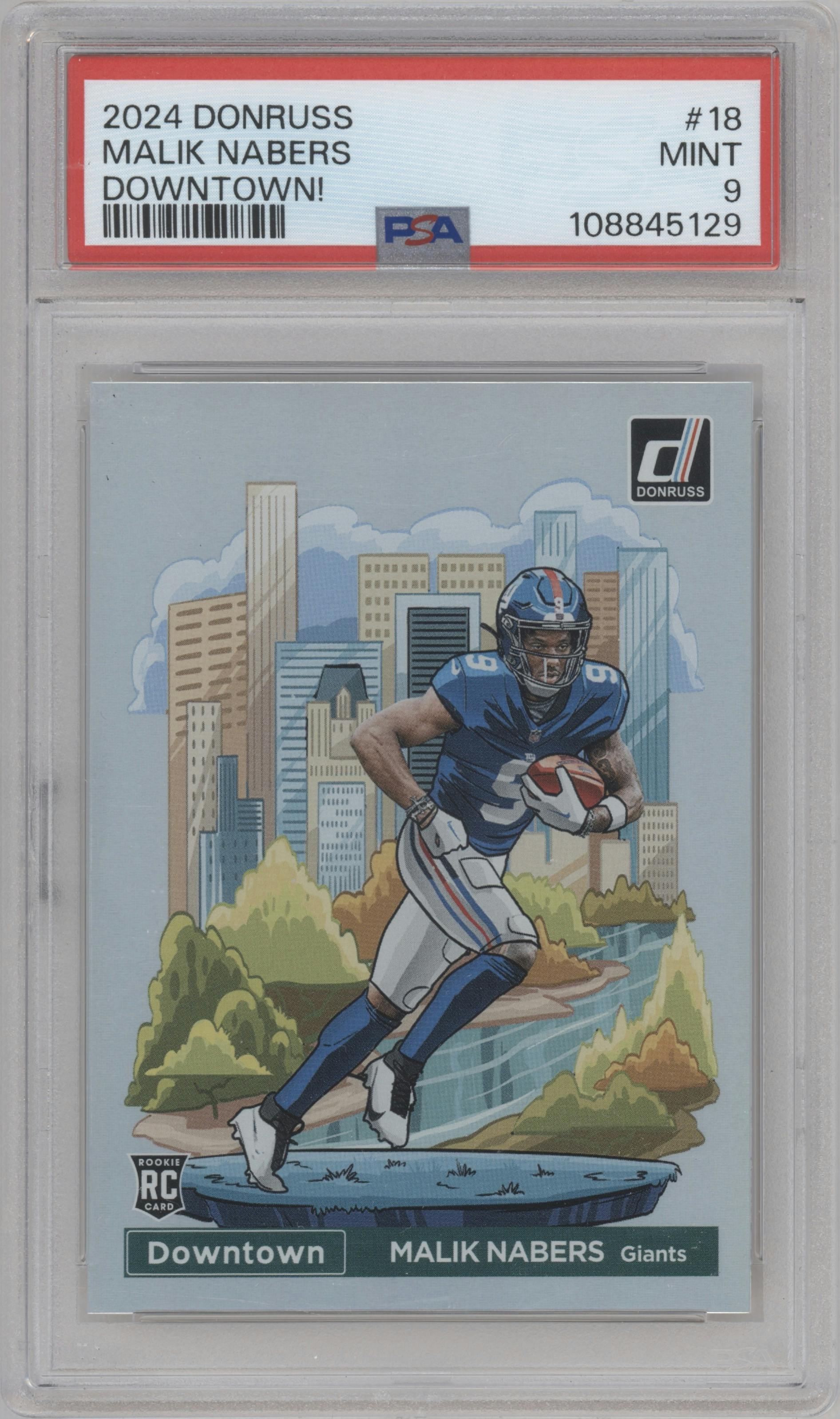 Malik Nabers  from the 2024 Donruss set graded by PSA and given an overall grade of 9.