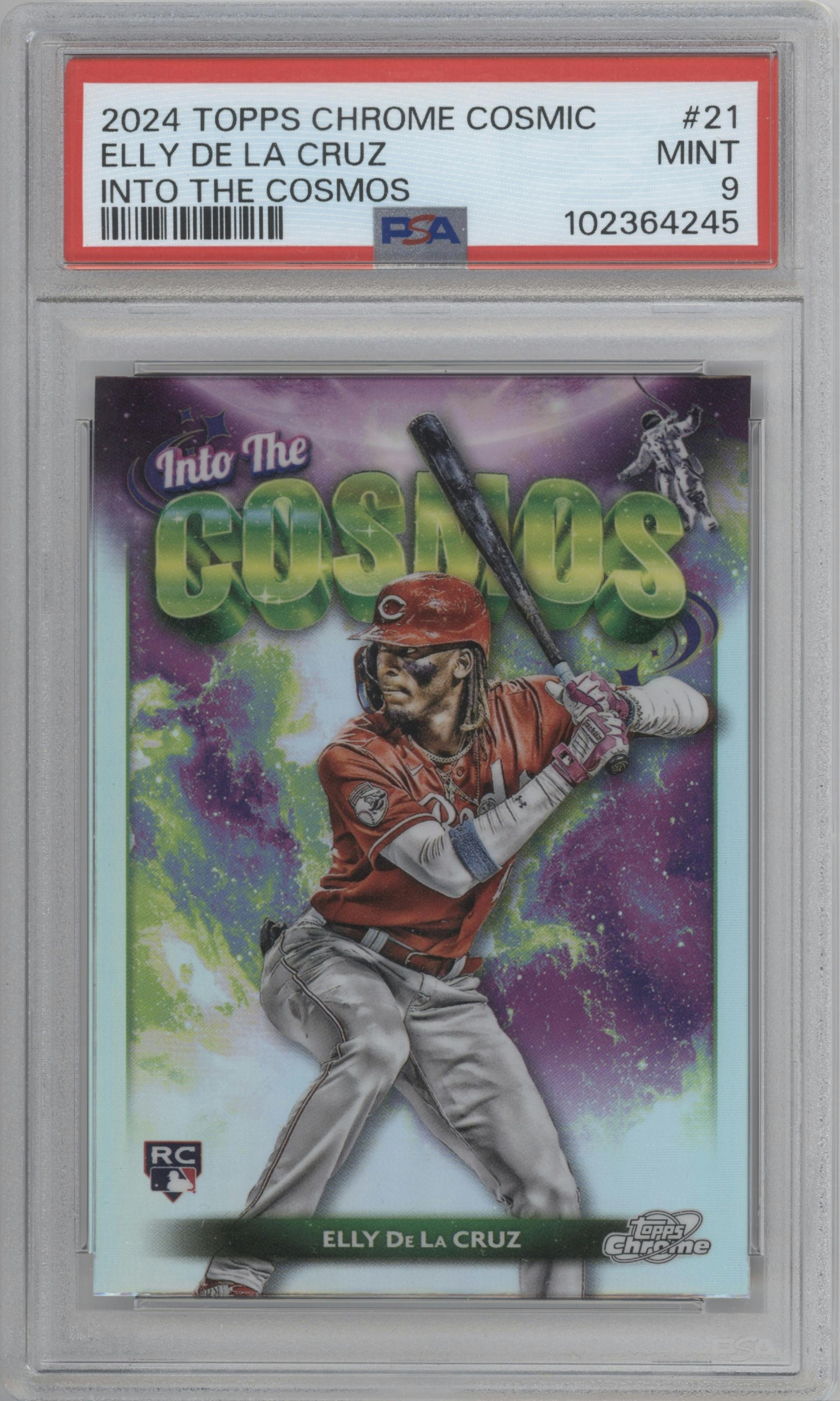 Elly De La Cruz from the 2024 Topps Cosmic Chrome set graded by PSA and given an overall grade of 9.