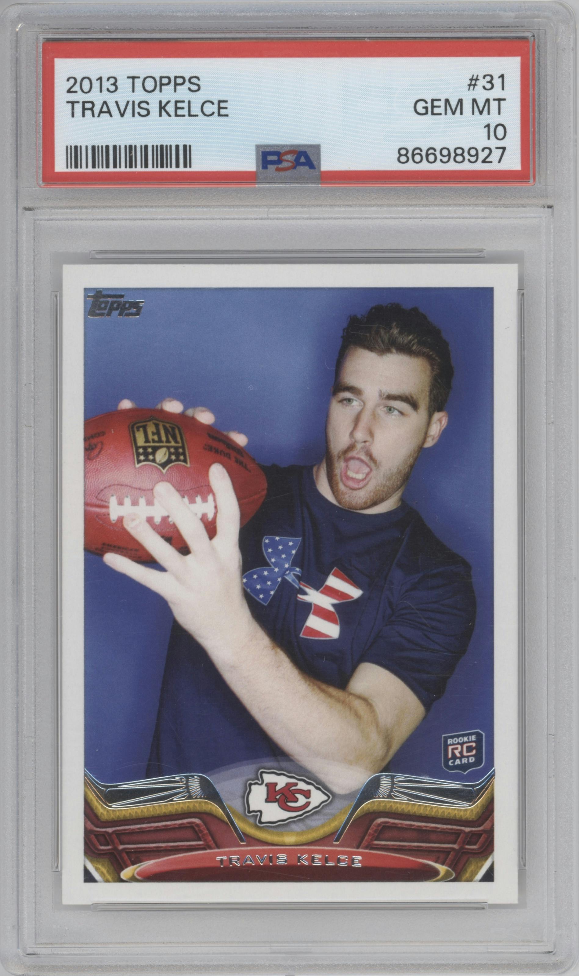 Travis Kelce from the 2013 Topps set graded by PSA and given an overall grade of 10.