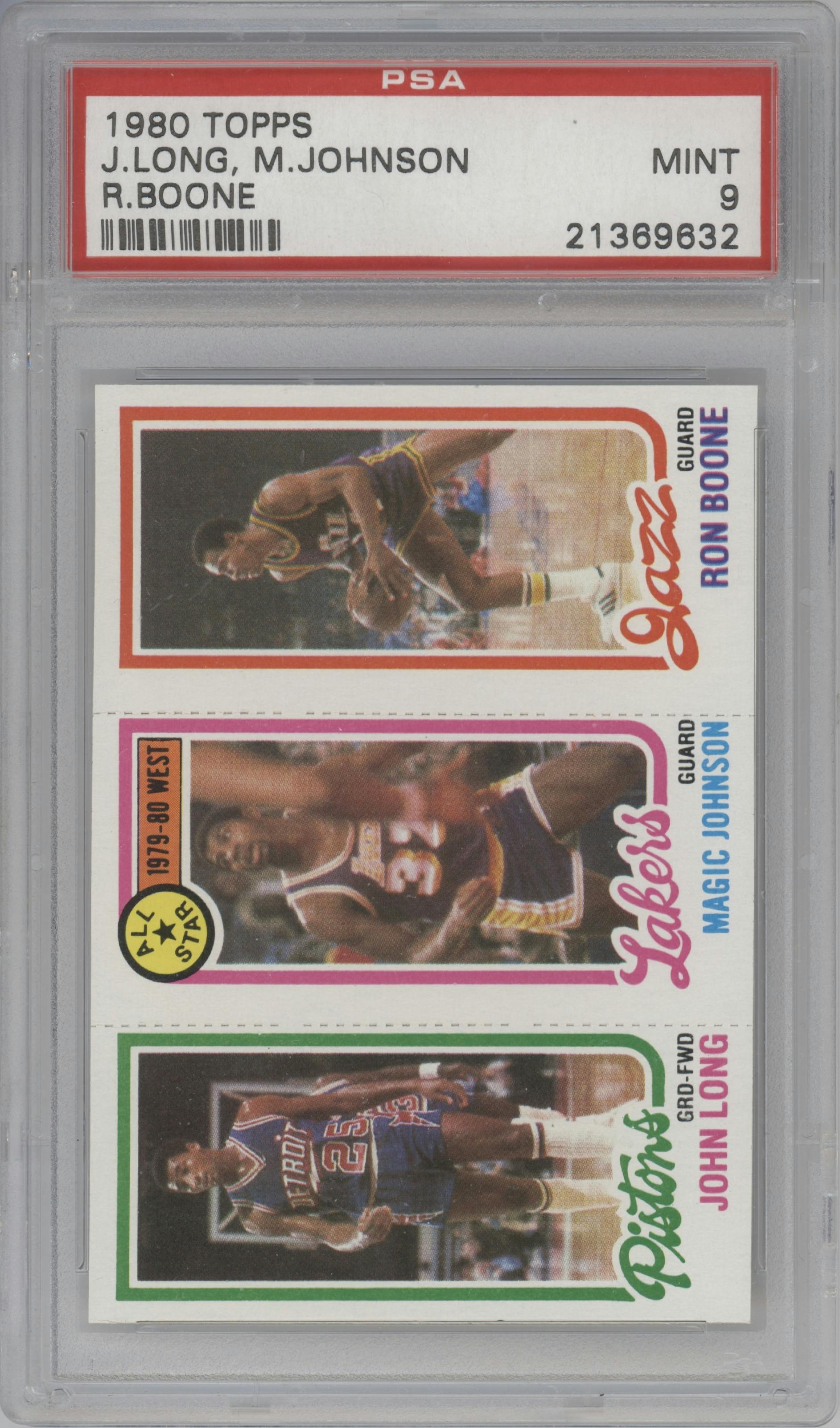John Long/Magic Johnson/Ron Boone from the 1980-81 Topps set graded by PSA and given an overall grade of 9.
