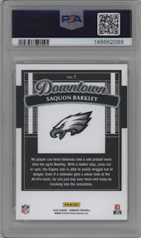 Saquon Barkley from the 2025 Panini Donruss set graded by PSA and given an overall grade of 10.