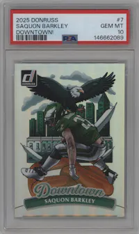 Saquon Barkley from the 2025 Panini Donruss set graded by PSA and given an overall grade of 10.