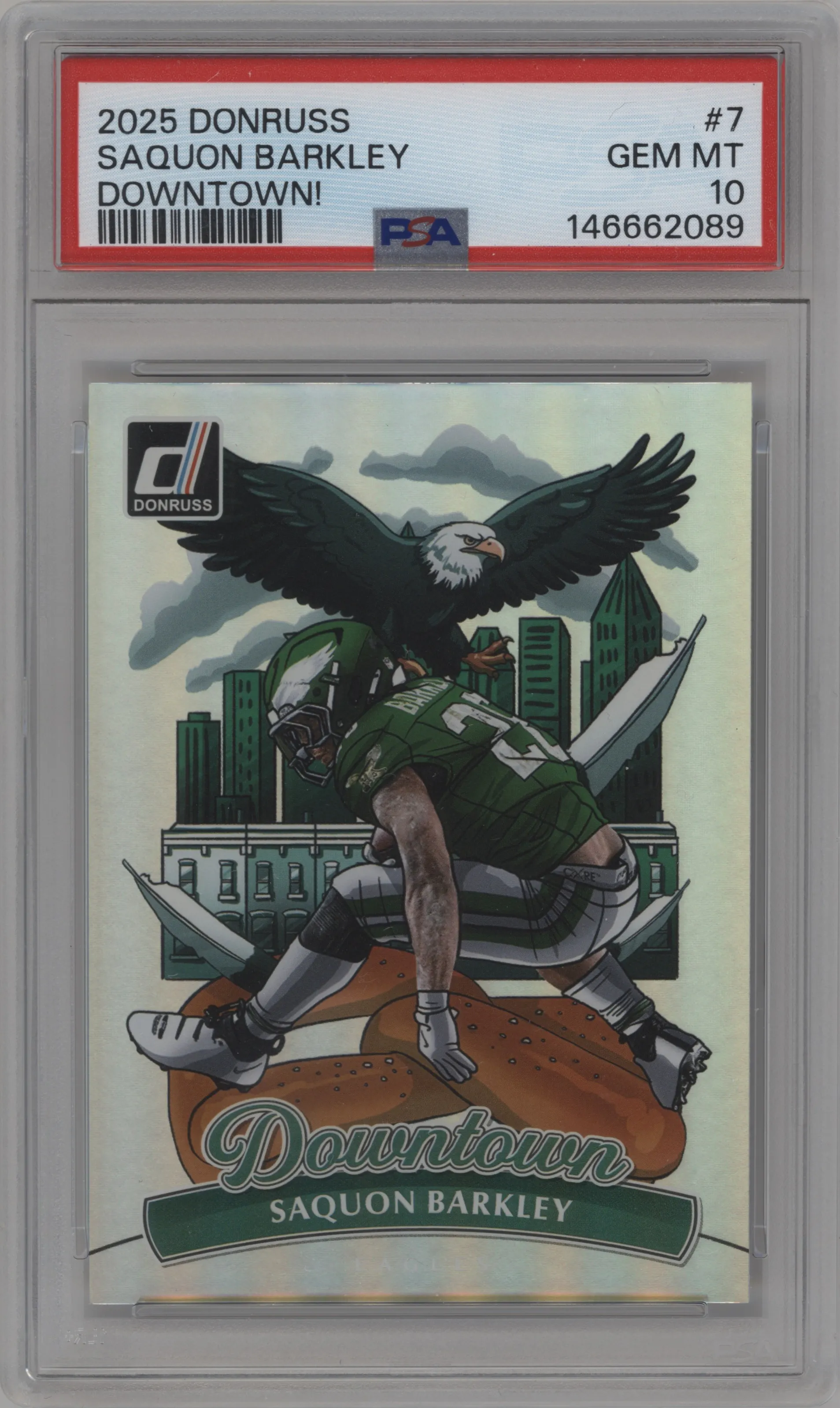 Saquon Barkley from the 2025 Panini Donruss set graded by PSA and given an overall grade of 10.