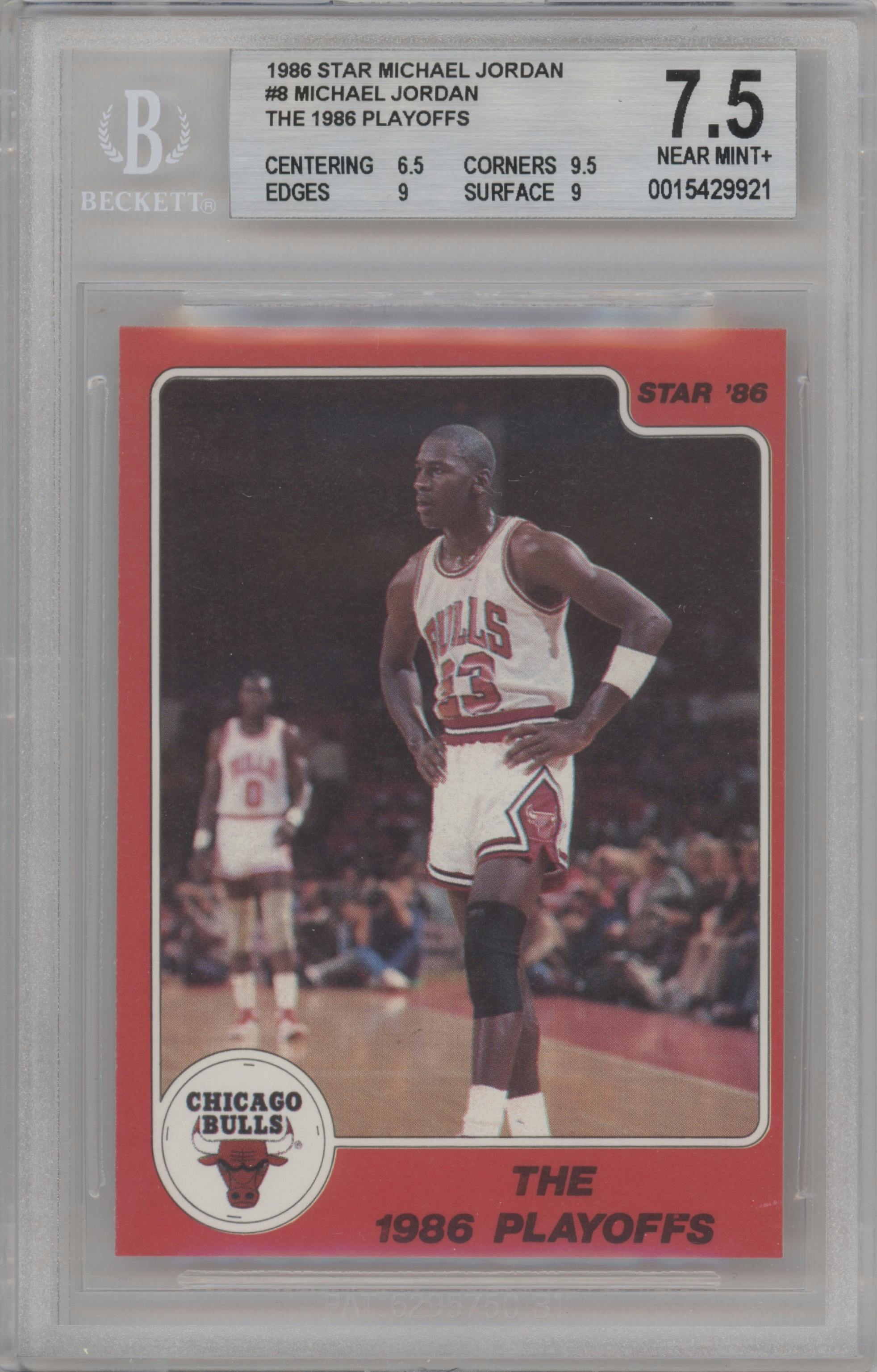 Michael Jordan from the 1986 Star Michael Jordan set graded by Beckett and given an overall grade of 7.5.