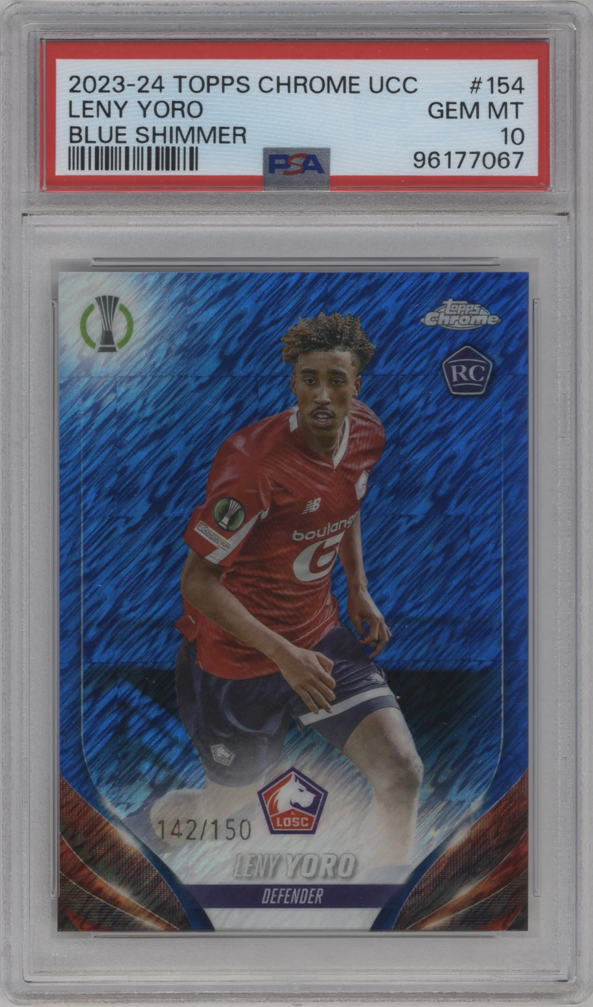 2023 Topps Chrome UEFA Club Competitions Leny Yoro Blue Shimmer #154 PSA 10