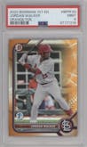 Jordan Walker from the 2022 Bowman 1st Edition set featuring a Orange Foil parallel graded by PSA and given an overall grade of 9.
