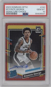 Keyonte George from the 2023-24 Donruss Optic set featuring a Choice parallel graded by PSA and given an overall grade of 10.