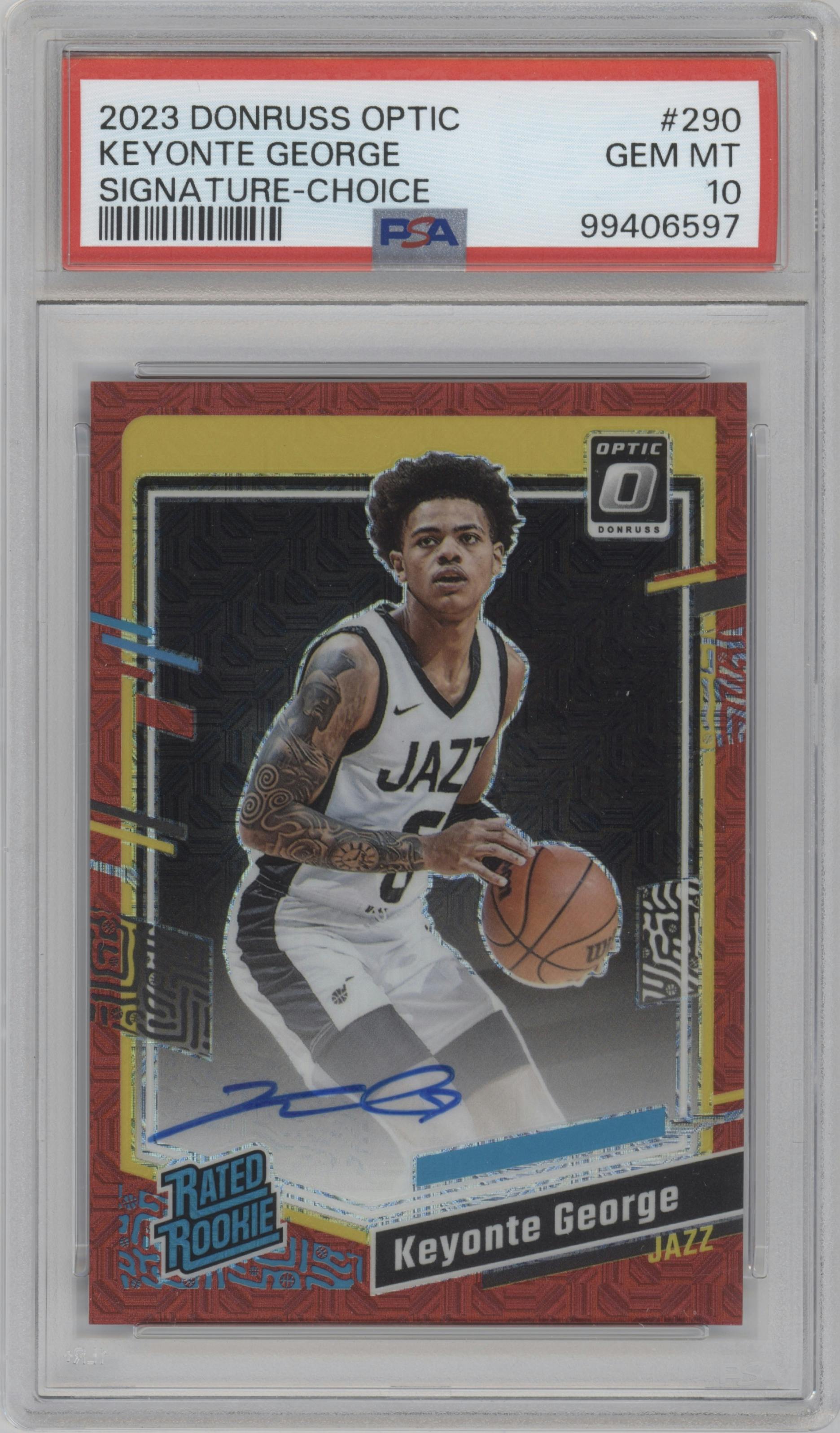 Keyonte George from the 2023-24 Donruss Optic set featuring a Choice parallel graded by PSA and given an overall grade of 10.
