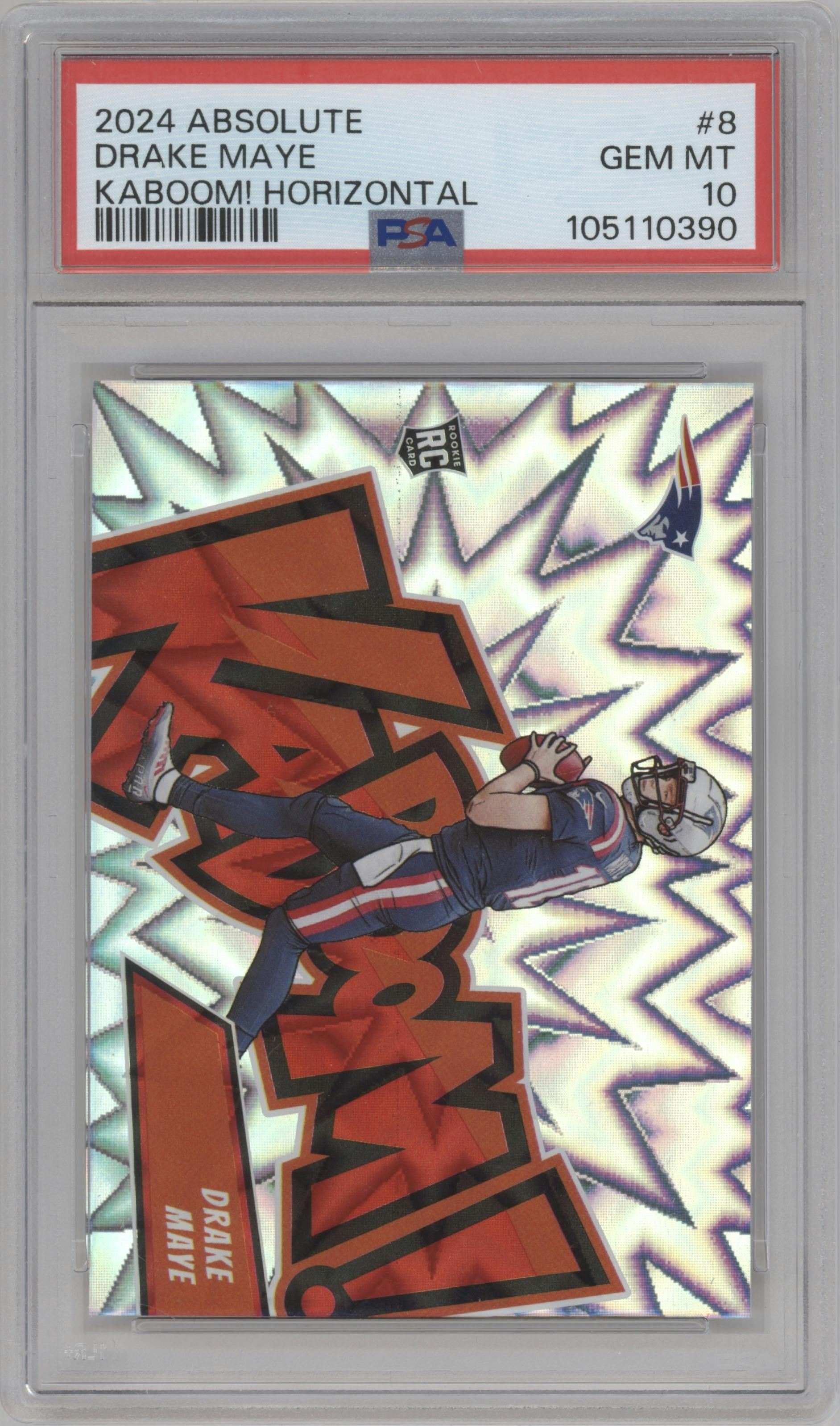 Drake Maye from the 2024 Panini Absolute set graded by PSA and given an overall grade of 10.