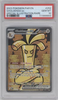 Gholdengo ex from the 2023 Pokemon SV set graded by PSA and given an overall grade of 10.