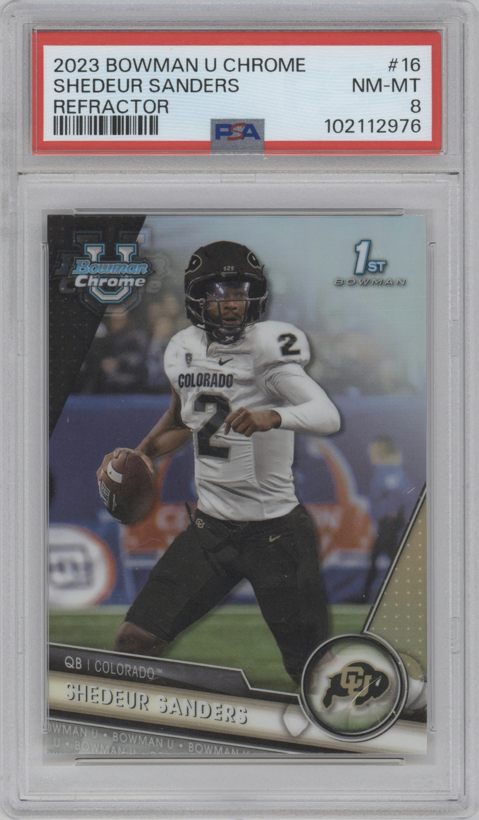 Shedeur Sanders from the 2023 Bowman Chrome University set featuring a Refractor parallel graded by PSA and given an overall grade of 8.