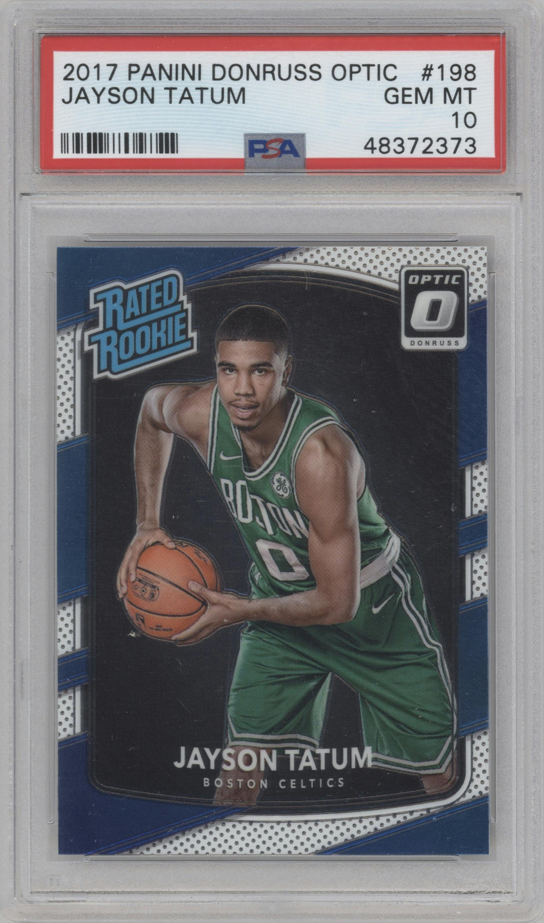 Jayson Tatum from the 2017-18 Panini Donruss Optic set graded by PSA and given an overall grade of 10.