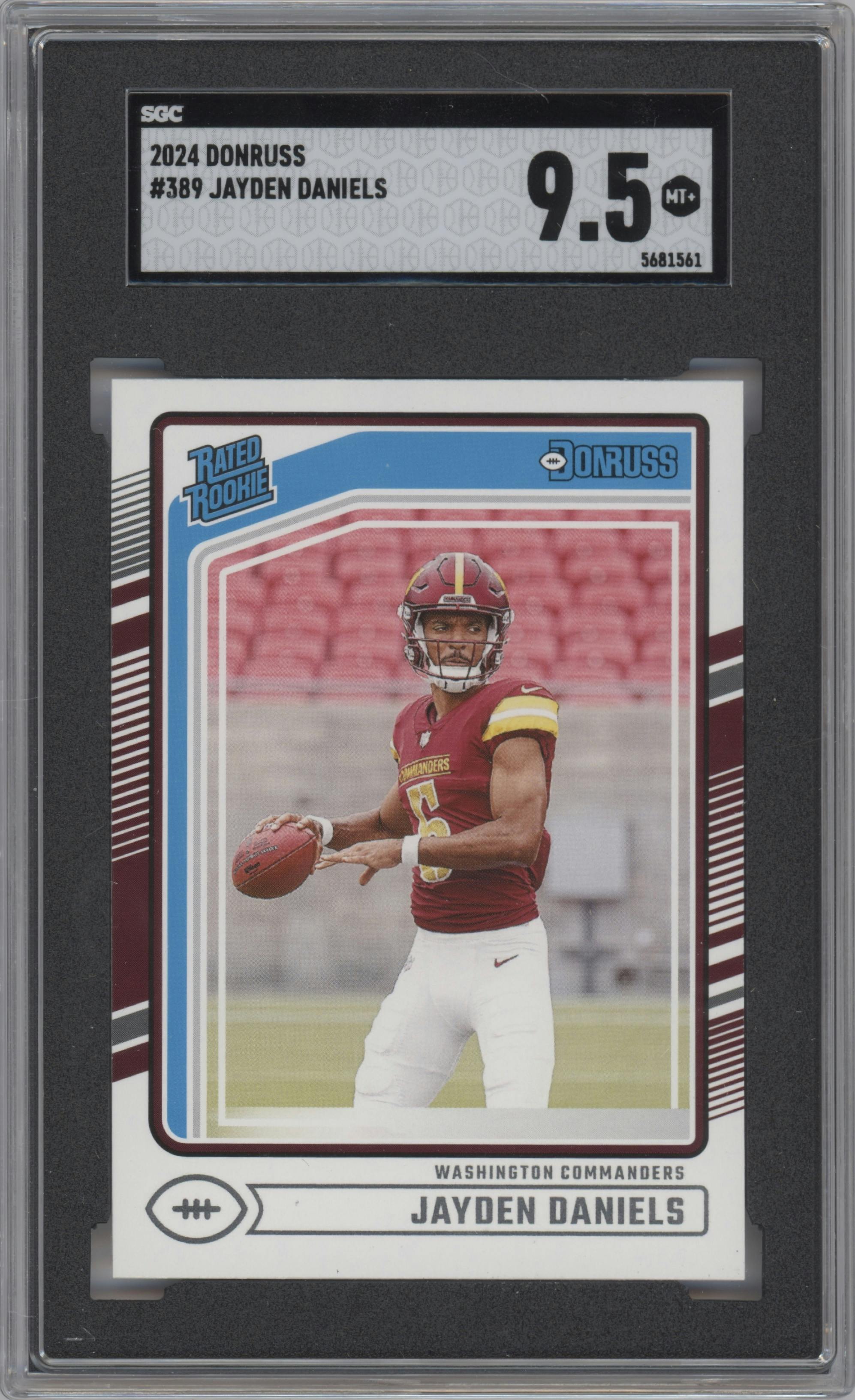 Jayden Daniels from the 2024 Donruss set graded by SGC and given an overall grade of 9.5.