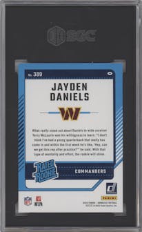 Jayden Daniels from the 2024 Donruss set graded by SGC and given an overall grade of 9.5.