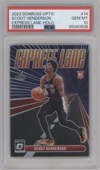 Scoot Henderson from the 2023-24 Donruss Optic set featuring a Holo parallel graded by PSA and given an overall grade of 10.