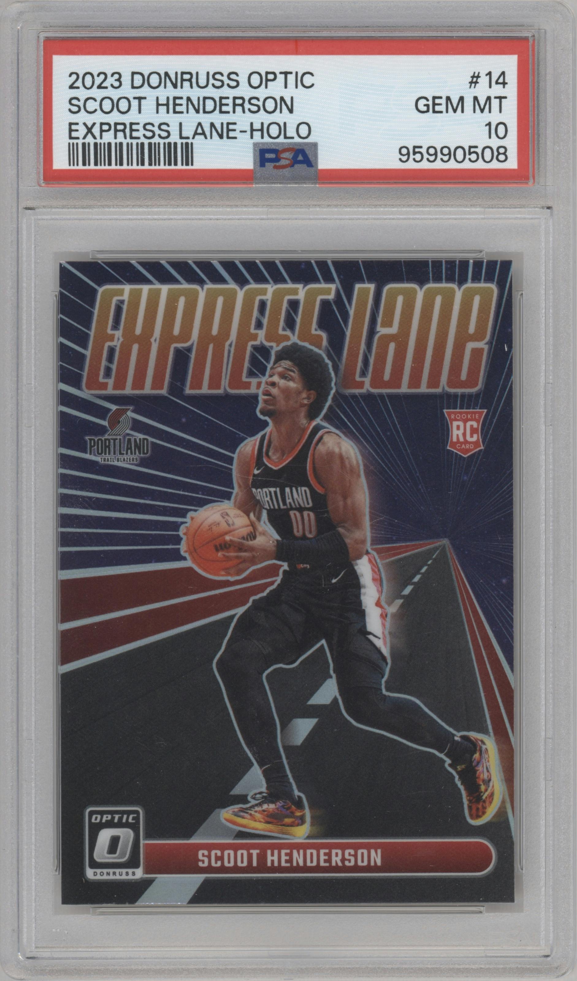 Scoot Henderson from the 2023-24 Donruss Optic set featuring a Holo parallel graded by PSA and given an overall grade of 10.