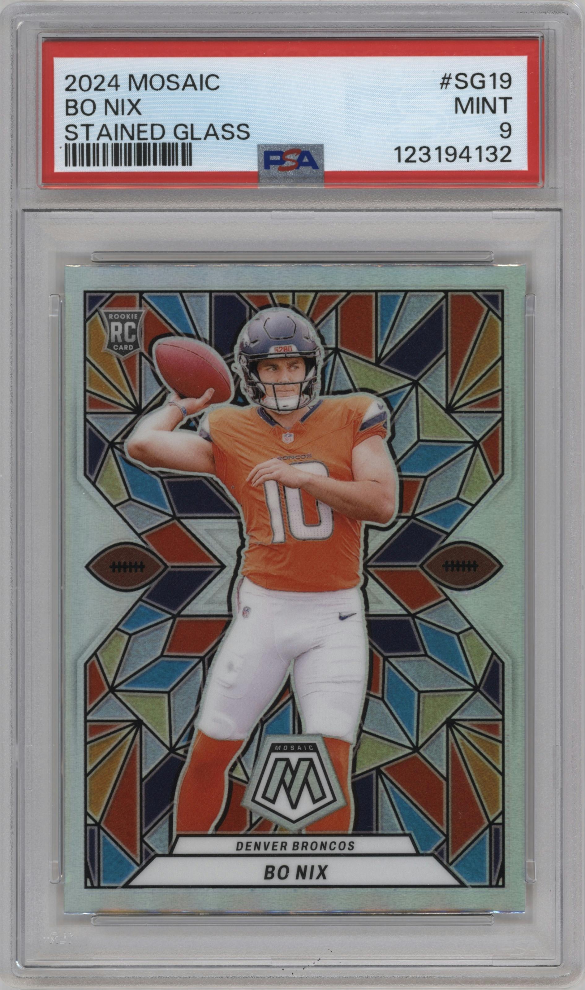 Bo Nix from the 2024 Panini Mosaic set graded by PSA and given an overall grade of 9.