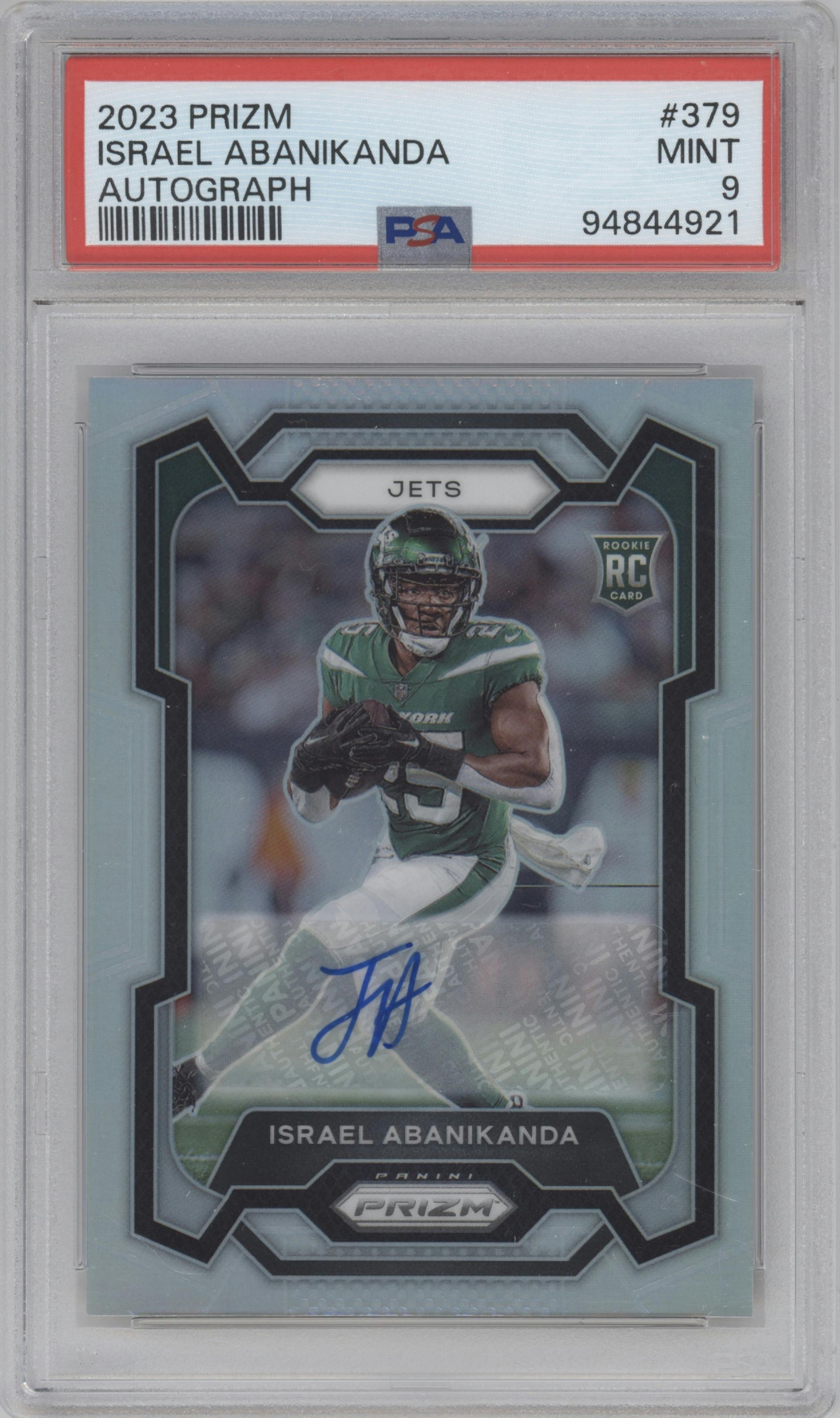 Israel Abanikanda from the 2023 Panini Prizm set graded by PSA and given an overall grade of 9.