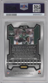 Israel Abanikanda from the 2023 Panini Prizm set graded by PSA and given an overall grade of 9.