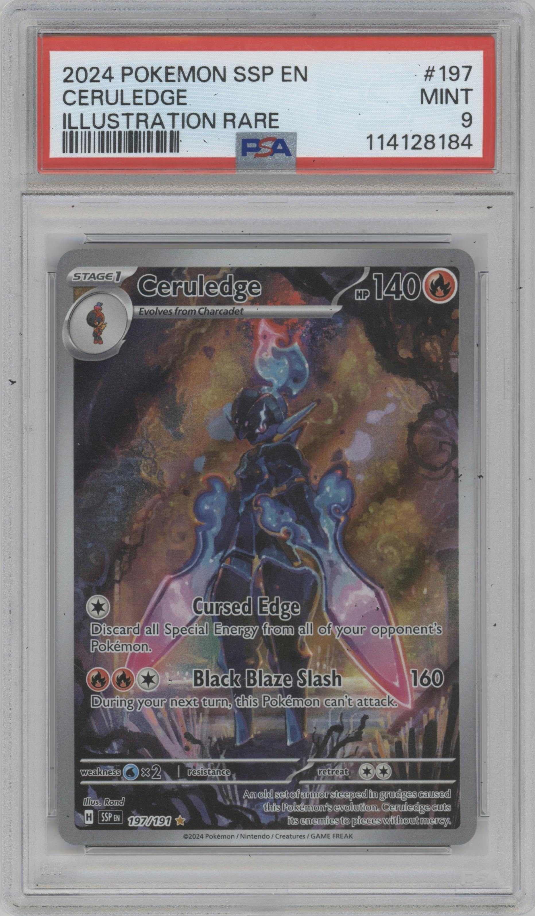 Ceruledge from the 2024 Pokemon SV set graded by PSA and given an overall grade of 9.