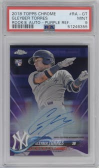 Gleyber Torres from the 2018 Topps Chrome set featuring a Purple Refractor  parallel graded by PSA and given an overall grade of 9.