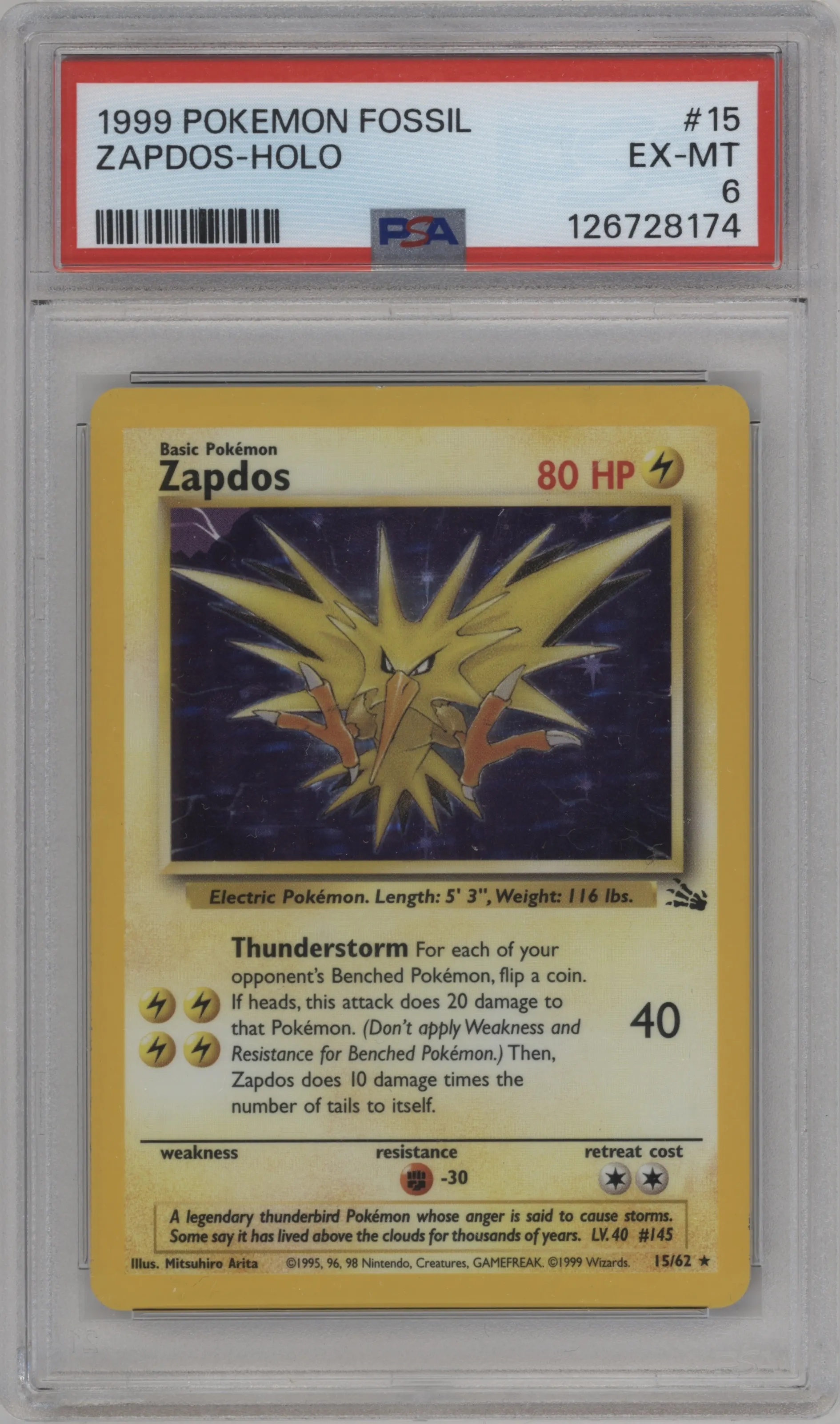 1999 Pokemon Fossil Zapdos #15 PSA 6