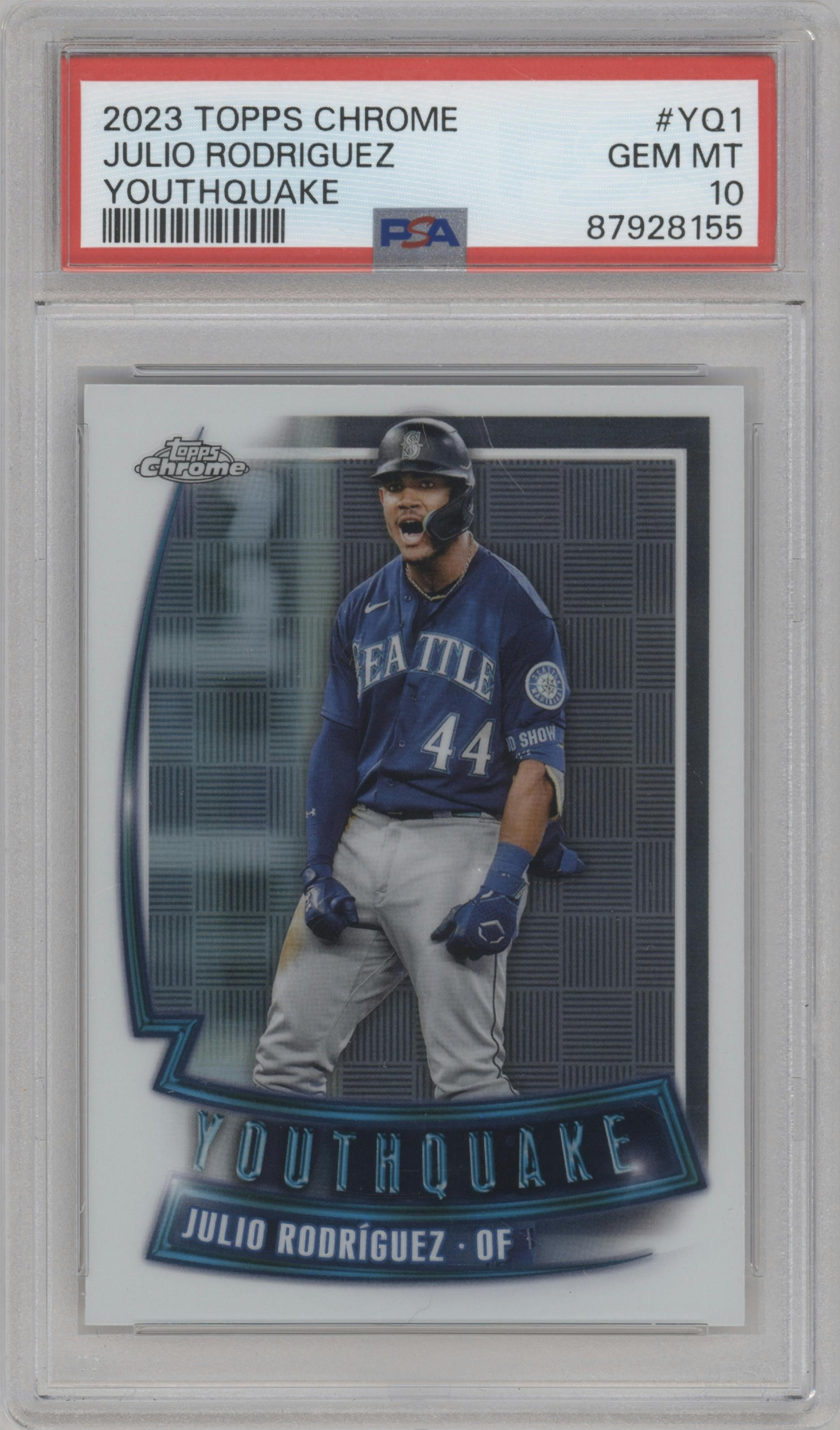 Julio Rodriguez from the 2023 Topps Chrome set graded by PSA and given an overall grade of 10.