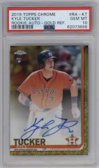 Kyle Tucker from the 2019 Topps Chrome set featuring a Gold Refractor parallel graded by PSA and given an overall grade of 10.