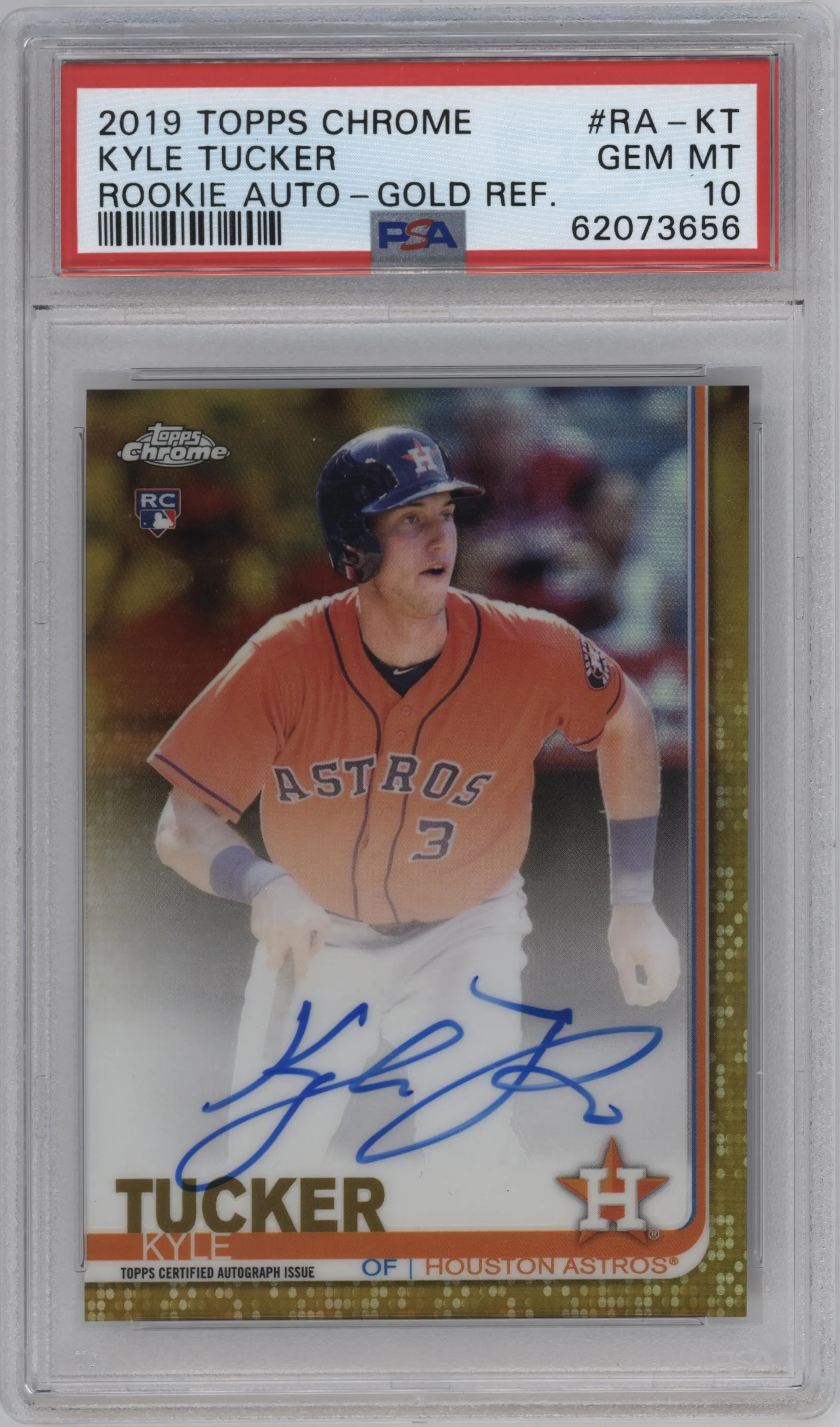 Kyle Tucker from the 2019 Topps Chrome set featuring a Gold Refractor parallel graded by PSA and given an overall grade of 10.