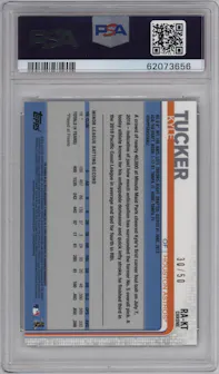 Kyle Tucker from the 2019 Topps Chrome set featuring a Gold Refractor parallel graded by PSA and given an overall grade of 10.