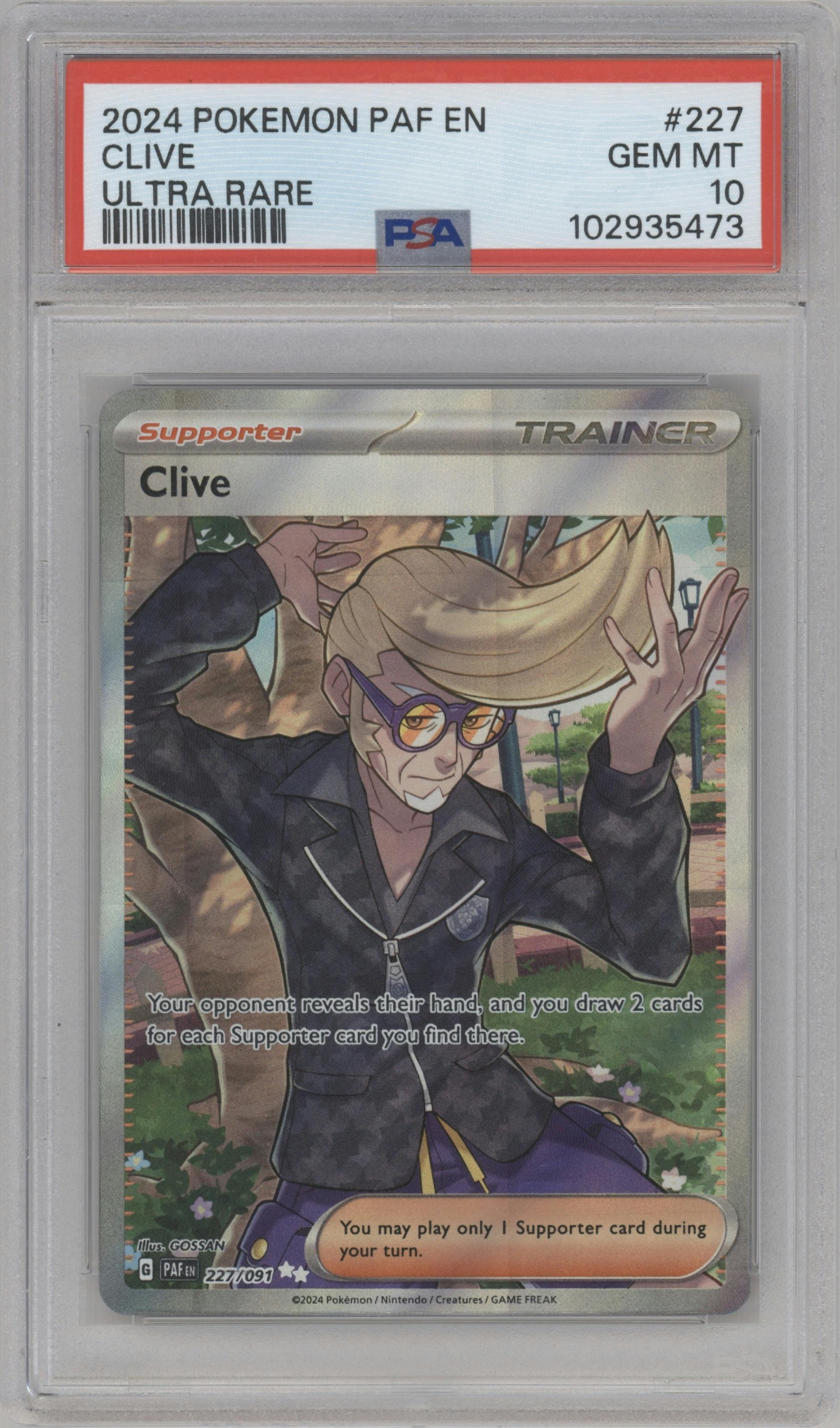 Clive from the 2024 Pokemon SV set graded by PSA and given an overall grade of 10.