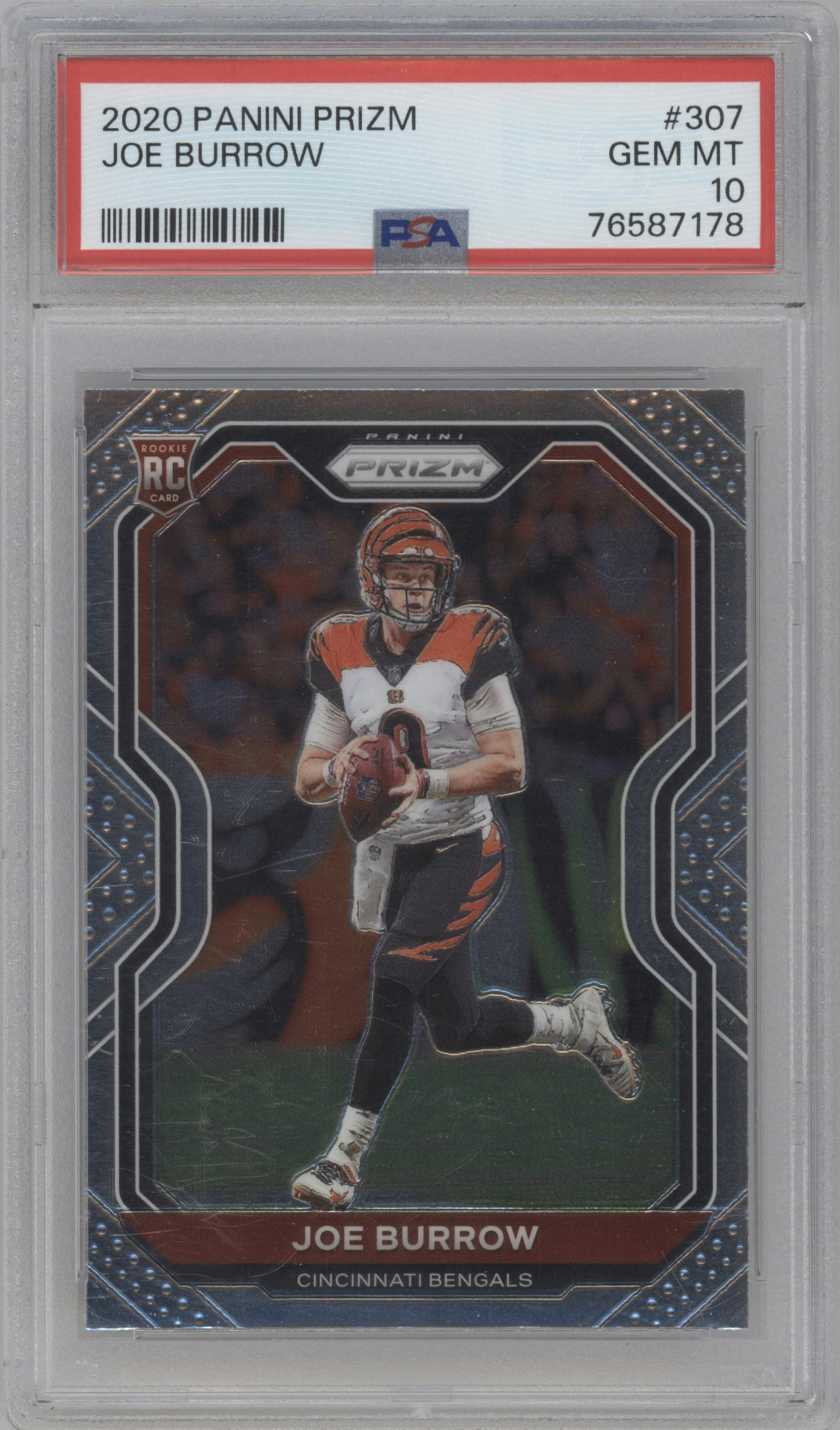 Joe Burrow from the 2020 Panini Prizm set graded by PSA and given an overall grade of 10.