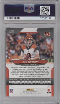 Joe Burrow from the 2020 Panini Prizm set graded by PSA and given an overall grade of 10.