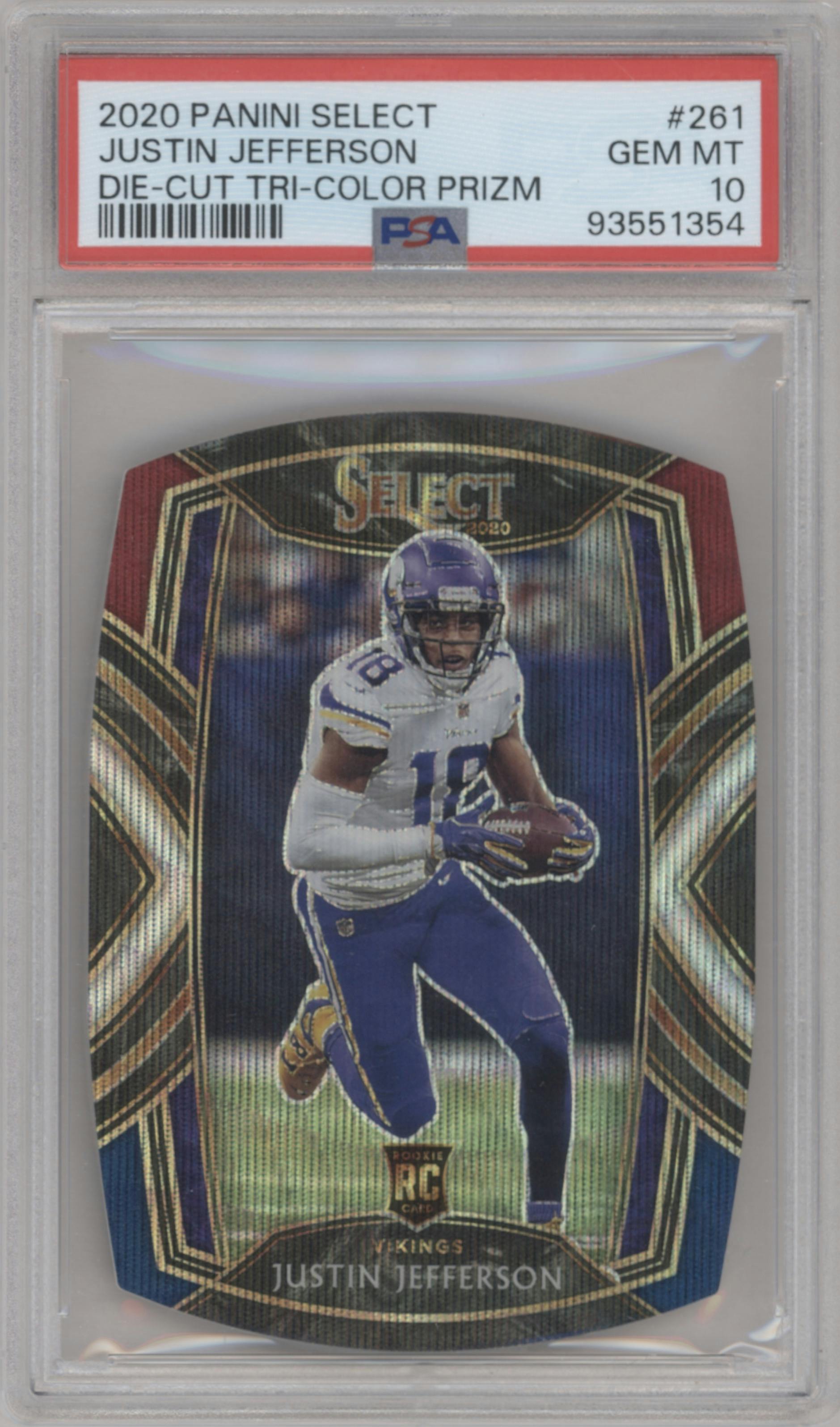 Justin Jefferson from the 2020 Panini Select set featuring a Die-Cut Tri-Color parallel graded by PSA and given an overall grade of 10.