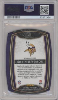 Justin Jefferson from the 2020 Panini Select set featuring a Die-Cut Tri-Color parallel graded by PSA and given an overall grade of 10.