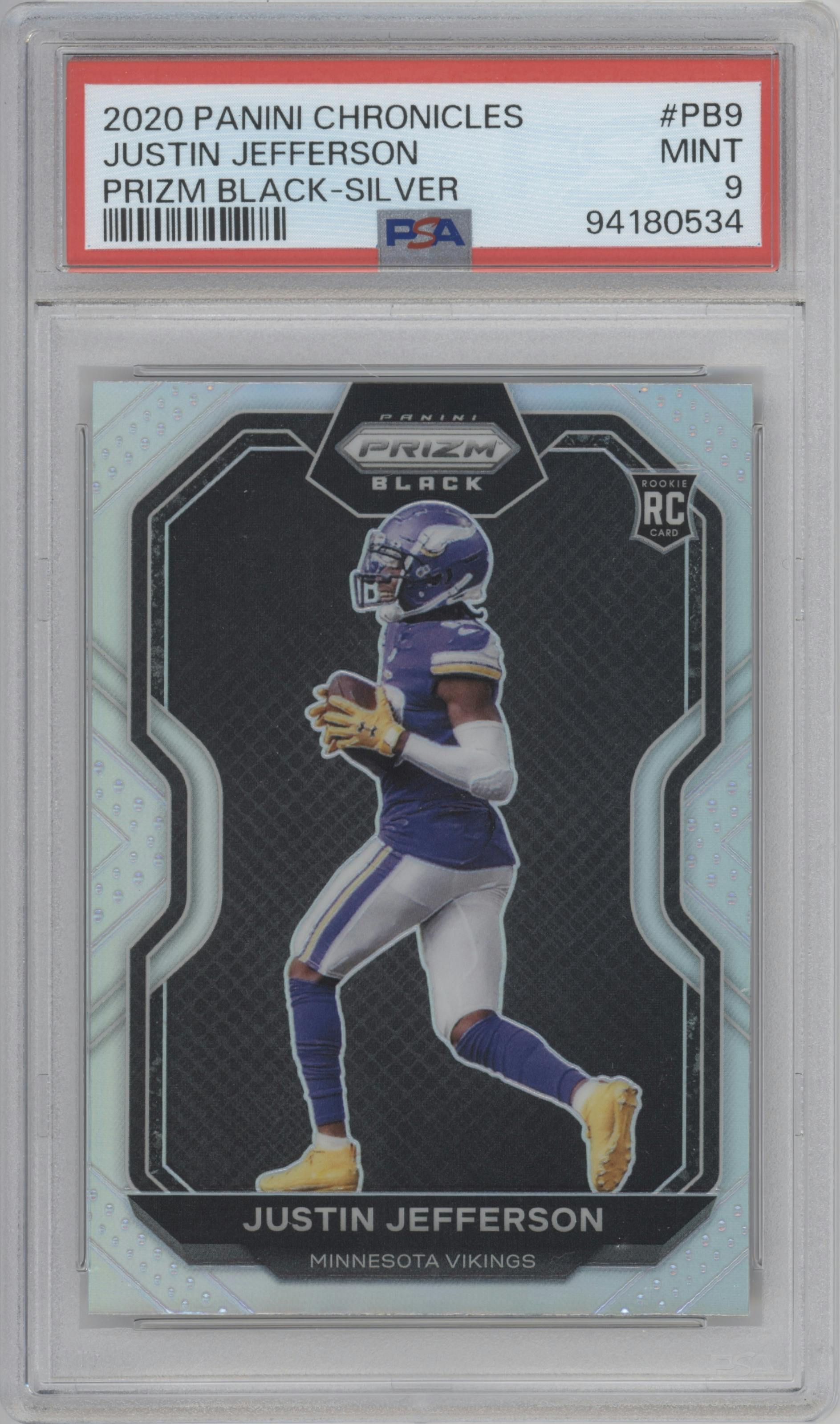 Justin Jefferson from the 2020 Panini Chronicles set featuring a Silver parallel graded by PSA and given an overall grade of 9.