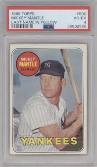 Mickey Mantle from the 1969 Topps set featuring a Last Name in Yellow parallel graded by PSA and given an overall grade of 4.