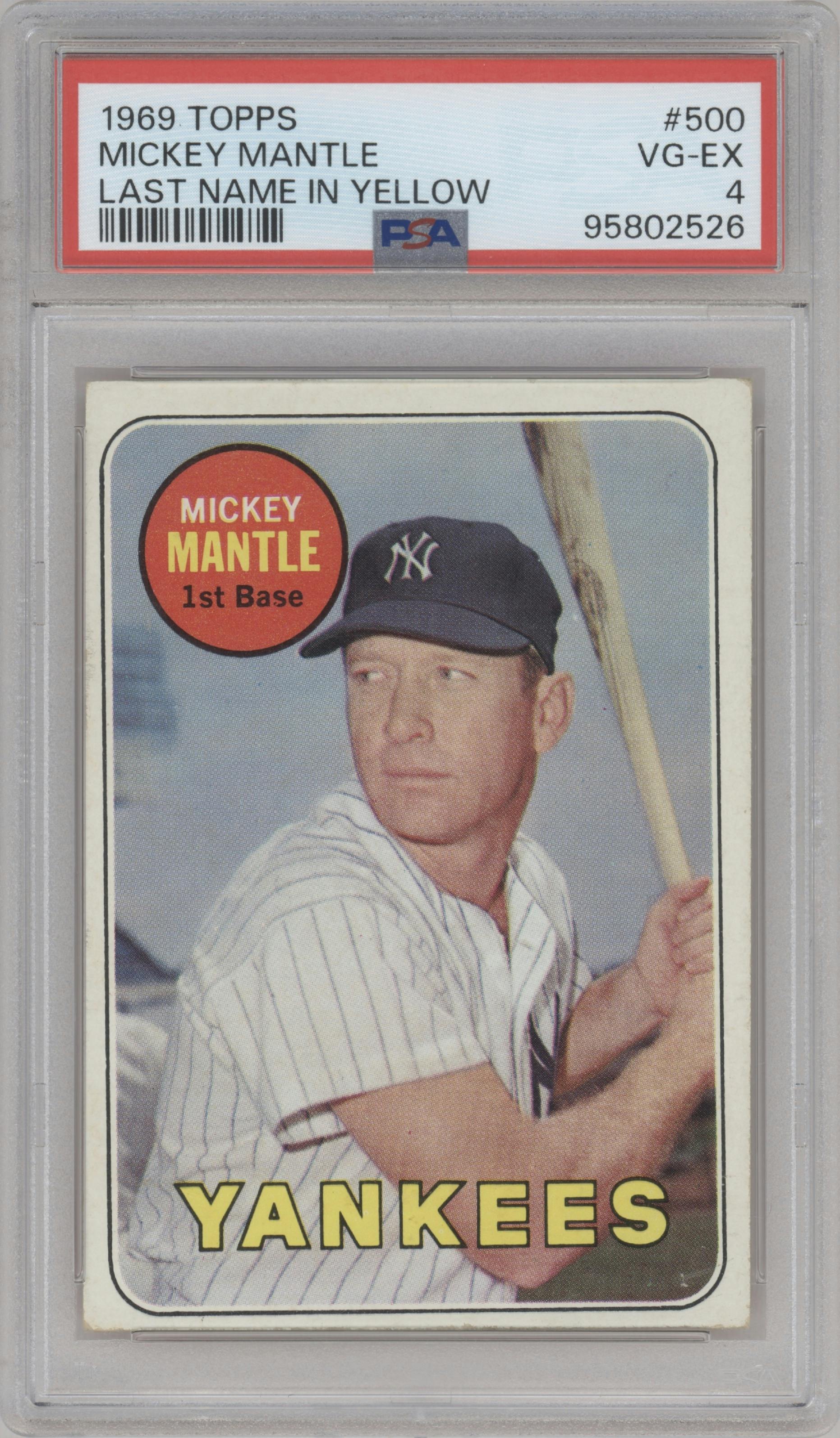 Mickey Mantle from the 1969 Topps set featuring a Last Name in Yellow parallel graded by PSA and given an overall grade of 4.