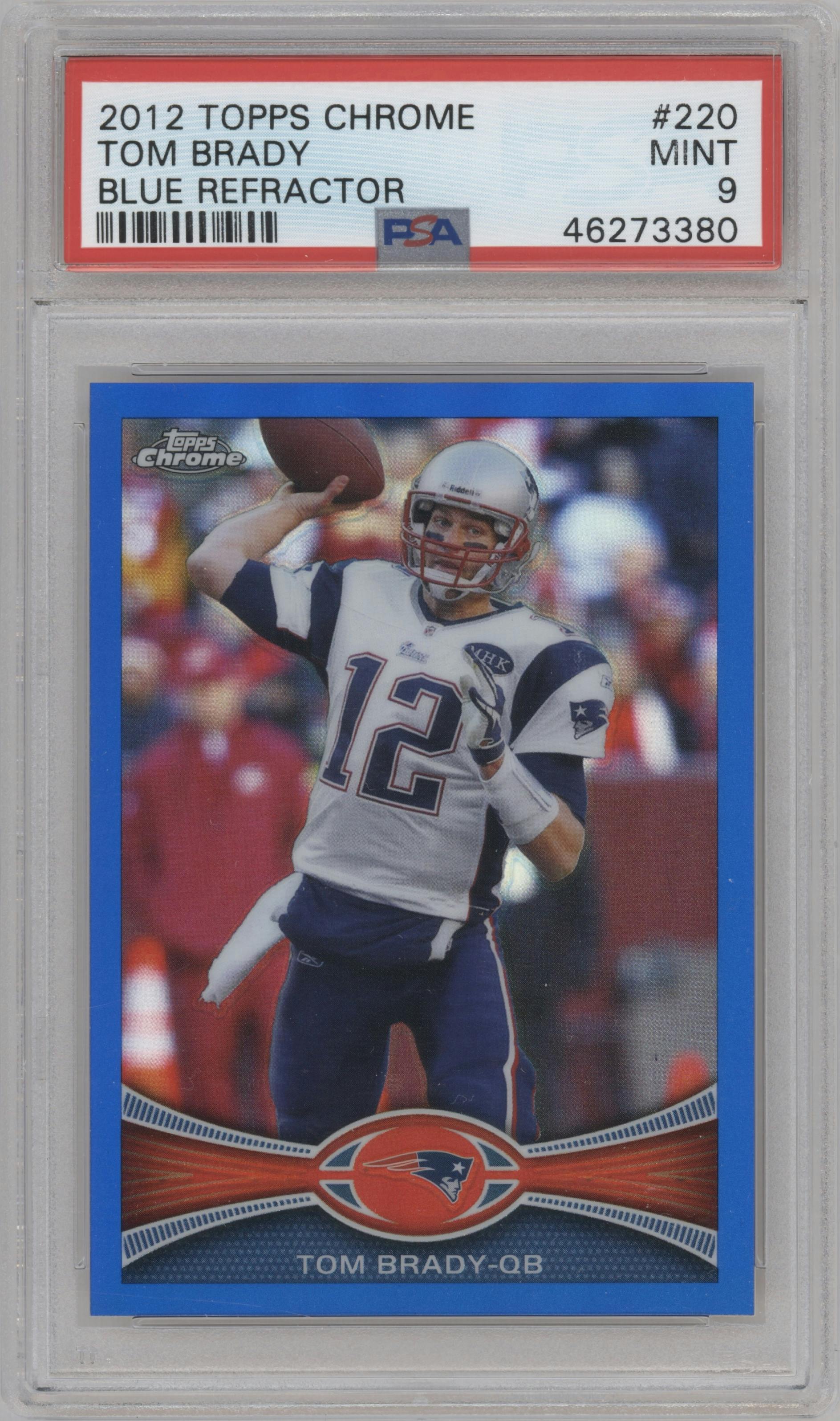 Tom Brady from the 2012 Topps Chrome set featuring a Blue Refractor parallel graded by PSA and given an overall grade of 9.