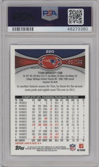 Tom Brady from the 2012 Topps Chrome set featuring a Blue Refractor parallel graded by PSA and given an overall grade of 9.