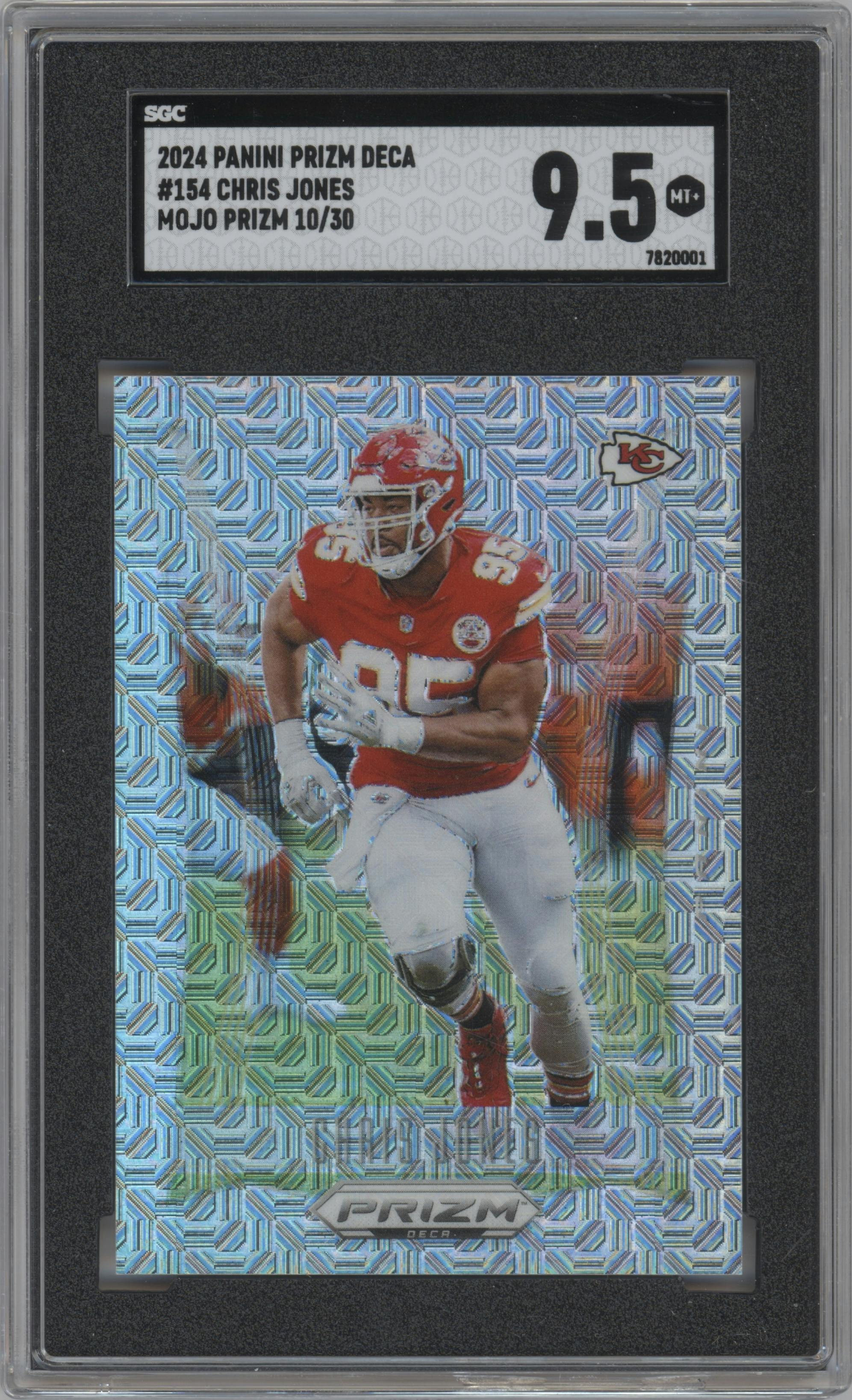 Chris Jones from the 2024 Panini Prizm Deca set featuring a Mojo Prizm parallel graded by SGC and given an overall grade of 9.5.