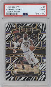 LeBron James from the 2023-24 Panini Select  set featuring a Zebra parallel graded by PSA and given an overall grade of 9.