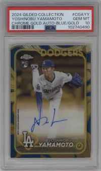 Yoshinobu Yamamoto from the 2024 Topps Gilded Collection set featuring a Blue/Gold parallel graded by PSA and given an overall grade of 10.