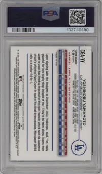 Yoshinobu Yamamoto from the 2024 Topps Gilded Collection set featuring a Blue/Gold parallel graded by PSA and given an overall grade of 10.