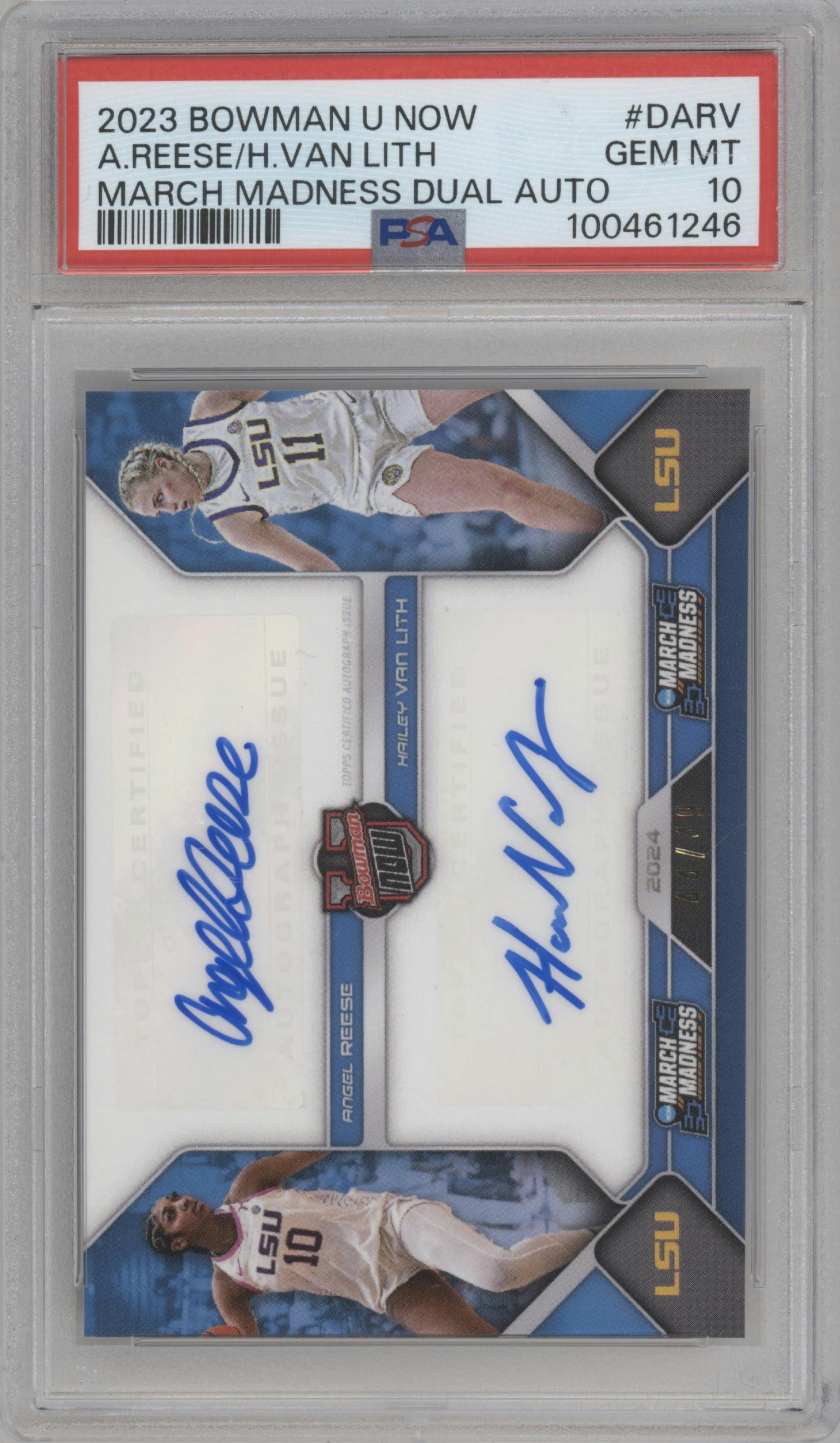 Angel Reese/Hailey Van Lith from the 2024 Bowman U Now March Madness set featuring a Blue parallel graded by PSA and given an overall grade of 10.