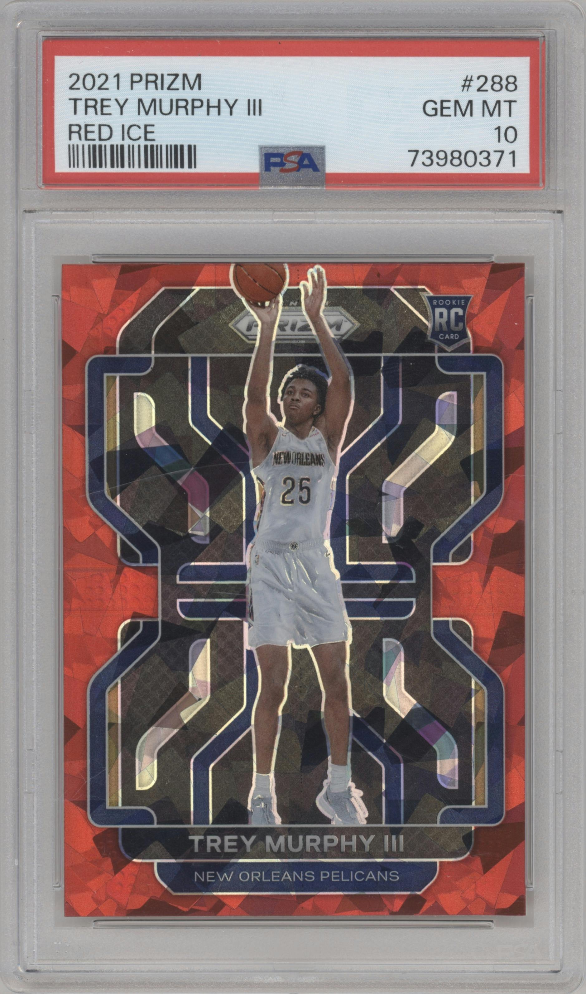 Trey Murphy III from the 2021-22 Panini Prizm  set featuring a Red Ice parallel graded by PSA and given an overall grade of 10.