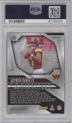 Jayden Daniels from the 2024 Panini Prizm set featuring a Disco parallel graded by PSA and given an overall grade of 10.
